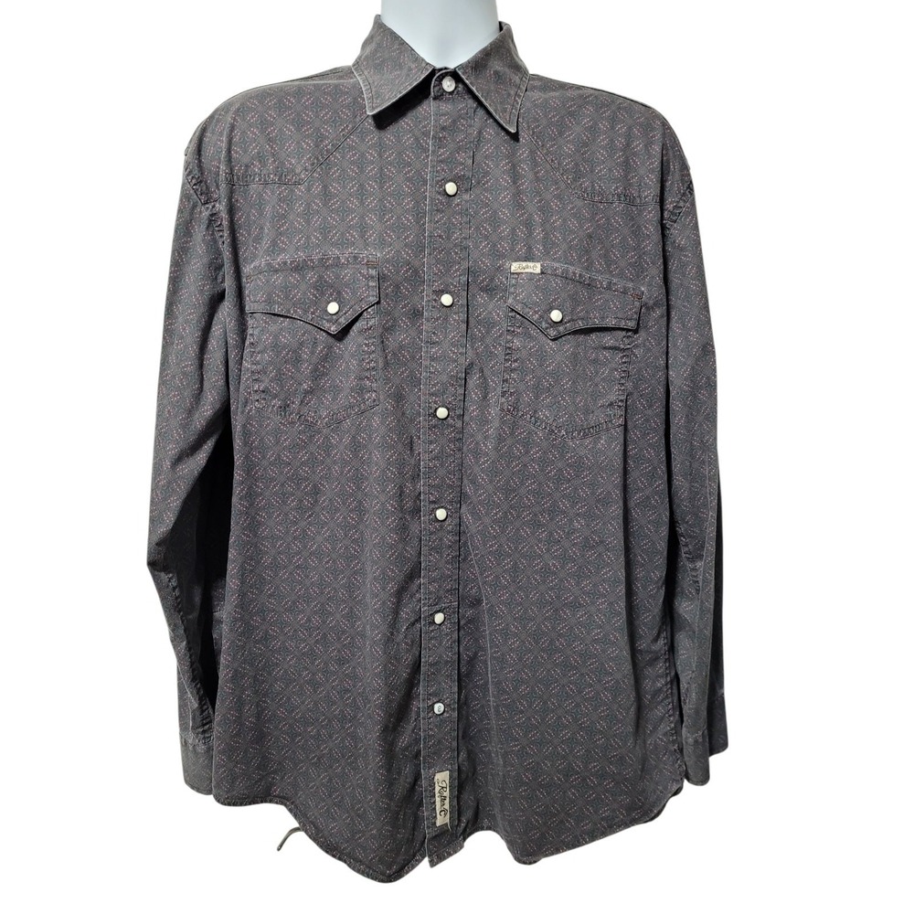 Rafter C Shirt Long Sleeve Mens L Western Gray Print Pearl Snap Pro Flex